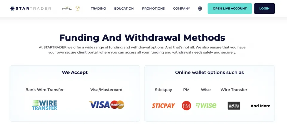 STARTRADER Deposit and Withdrawal Methods