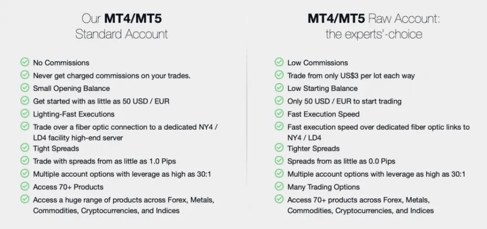 FP Markets Account Comparison