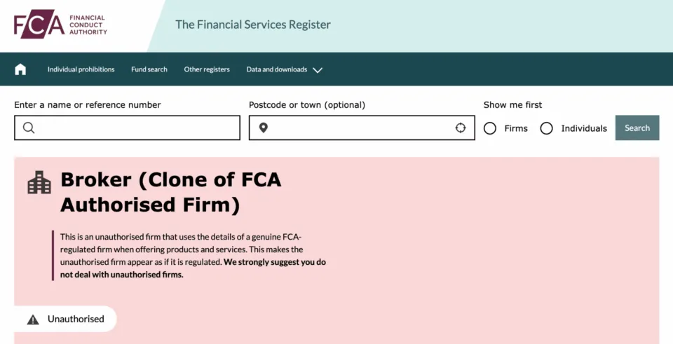 Financial Conduct Authority warning about a Broker Clone of an FCA Authorised Firm to prevent trading fraud.