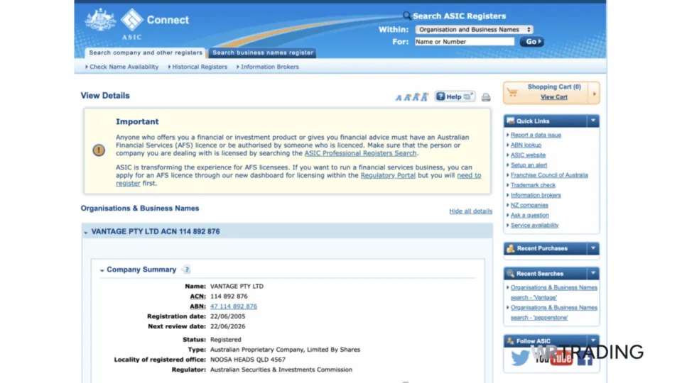 Record from Vantage Markets in ASIC Connect Search Function