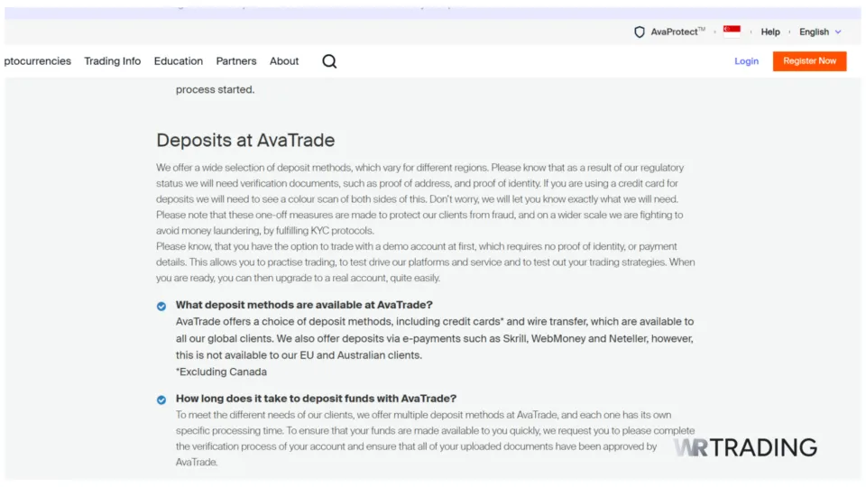 AvaTrade Deposit Payment Methods