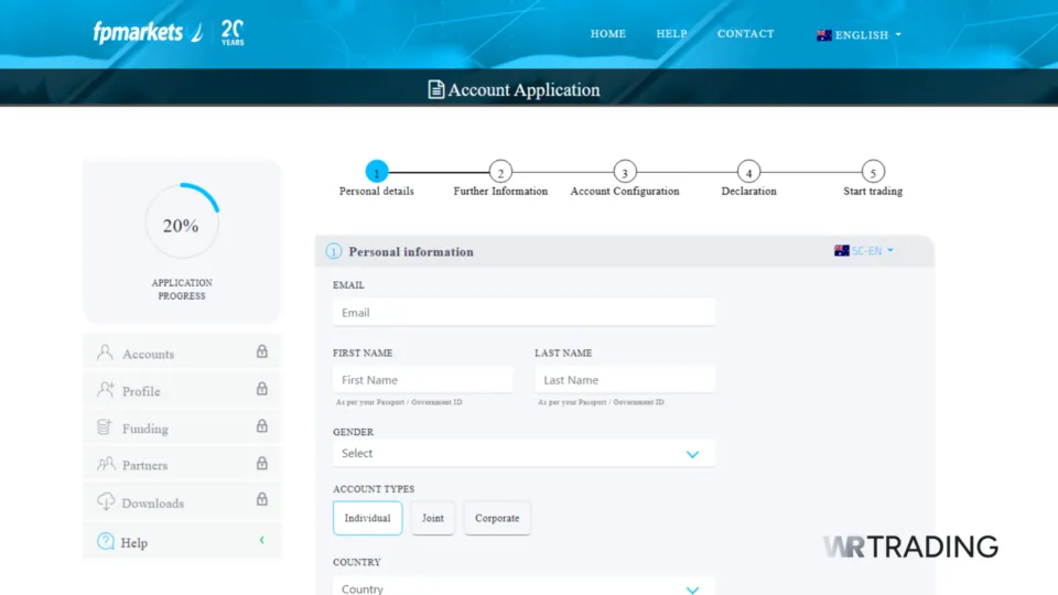 FP Markets Open Account Application Page