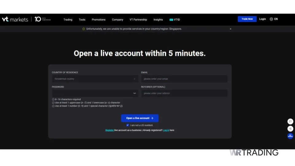 VT Markets Account Registration Page