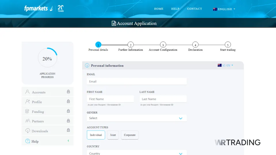 FP Markets Open Account Application Page