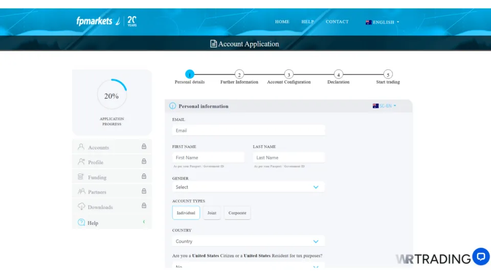 FP Markets CFD Trading Demo Account Opening Page