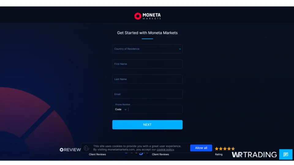 Moneta Markets Forex Trading Demo Account Opening Page