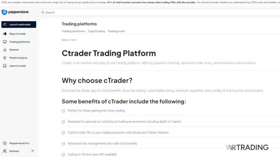 Pepperstone cTrader platform offering fast execution and advanced trading tools