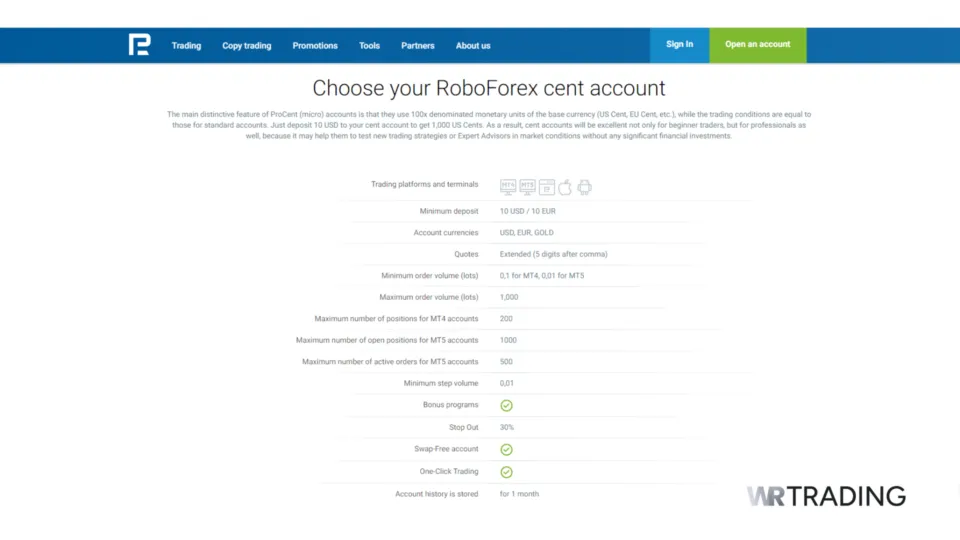 RoboForex cent mini account details