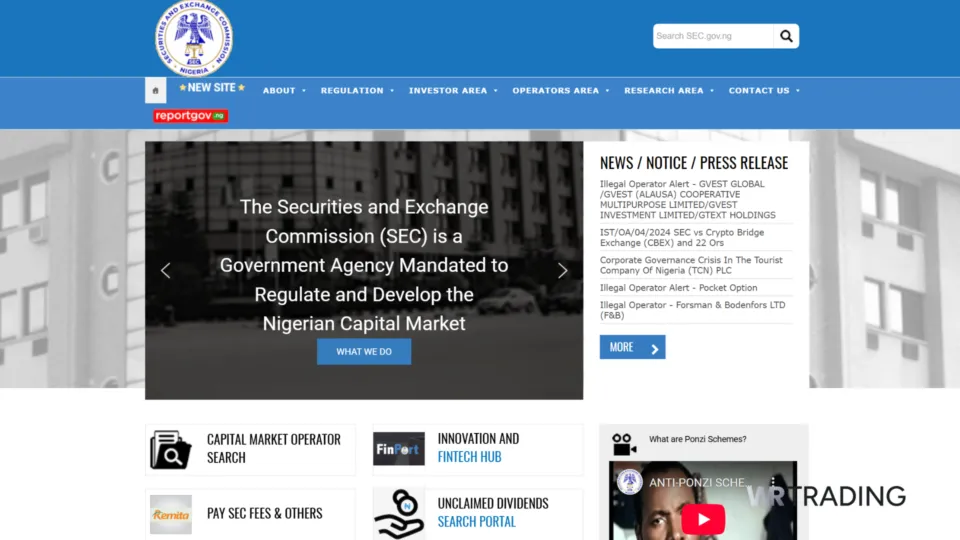 Securities and Exchange Commission (SEC) of Nigeria Home Page