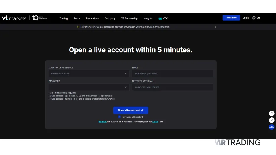 VT Markets Account Registration Page