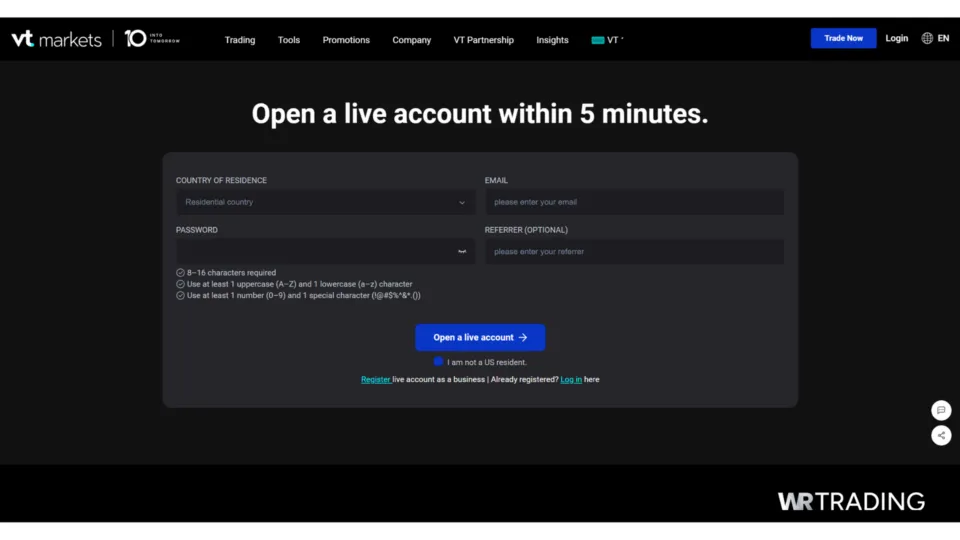 VT Markets Live Account Opening Page