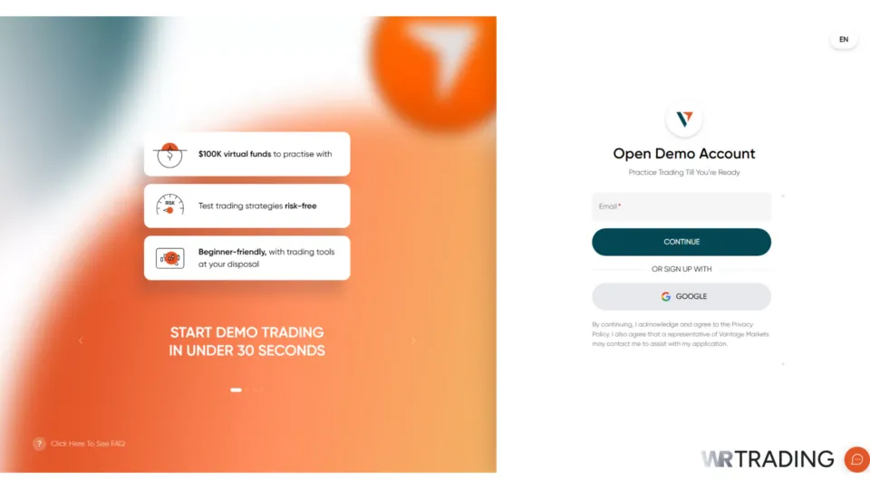 Vantage Markets CFD Trading Demo Account Opening Page