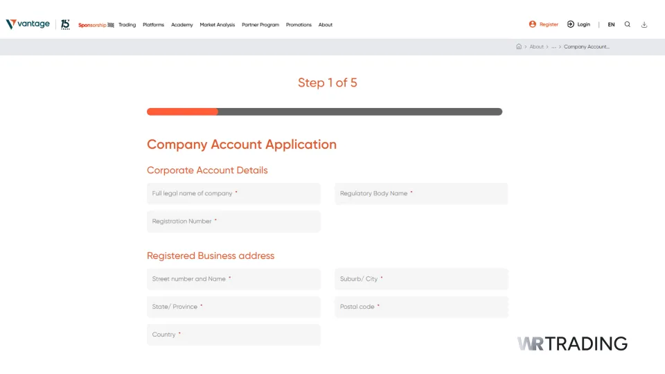 Vantage Markets Forex Broker Company Account Application Page