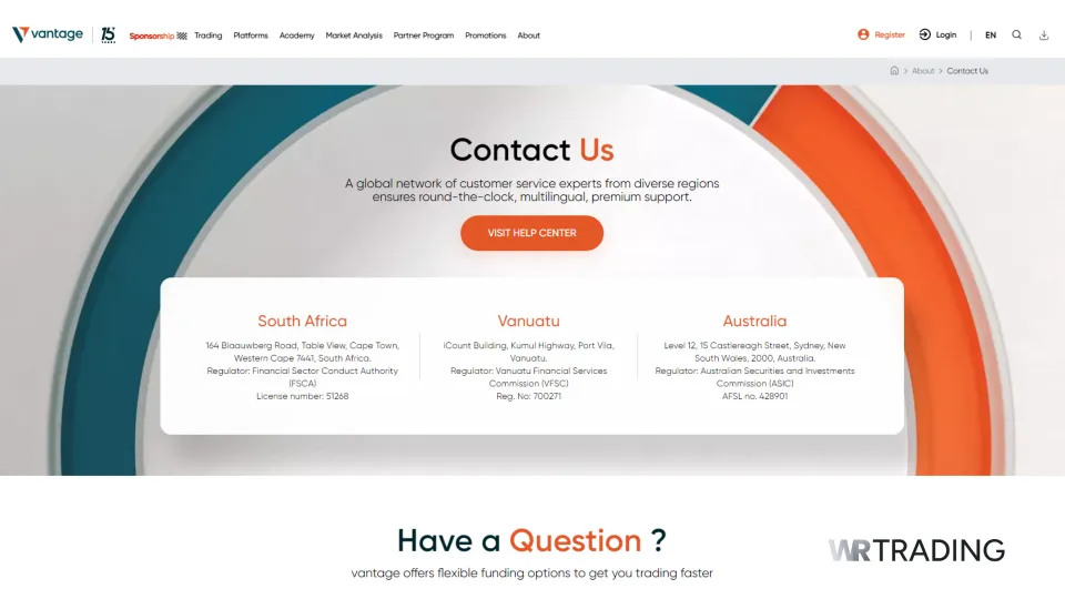 Vantage Markets Help Centre Page