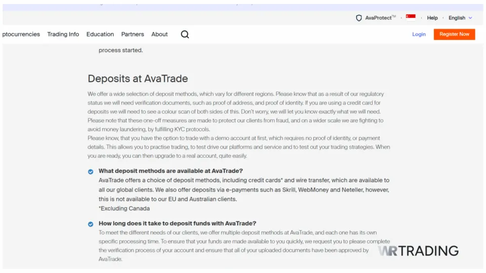 AvaTrade Deposit Payment Methods