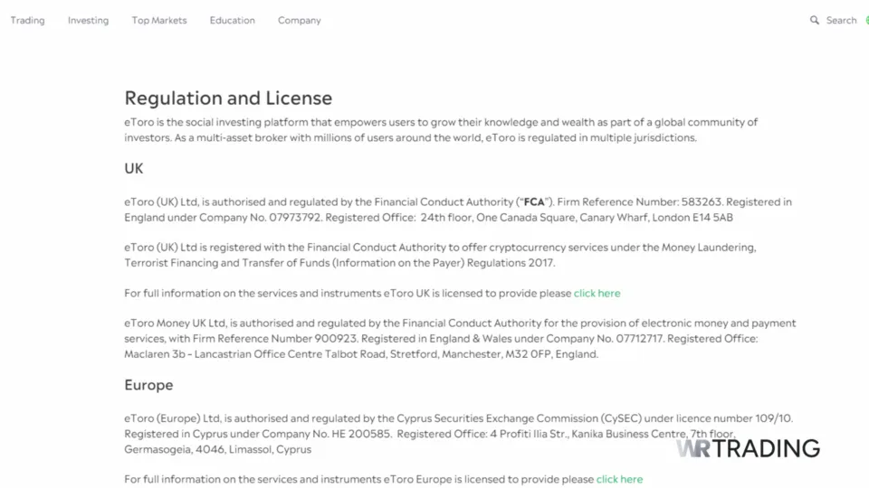 EToro Regulation and License details page