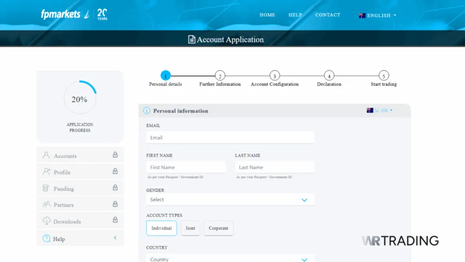 FP Markets Open Account Application Page
