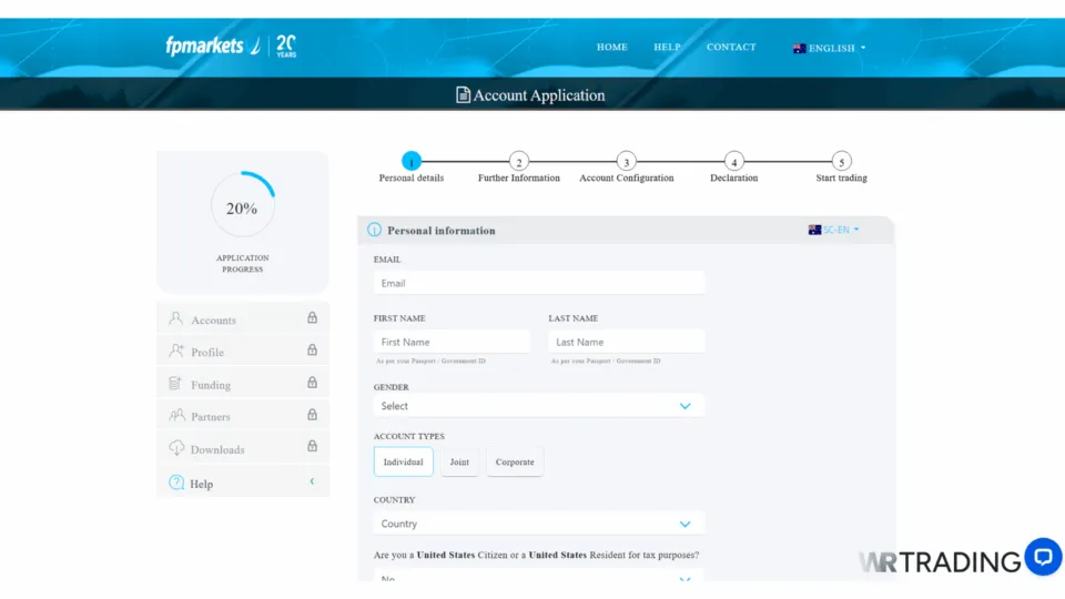 FP Markets CFD Trading Demo Account Opening Page