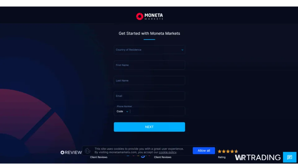 Moneta Markets Forex Trading Demo Account Opening Page