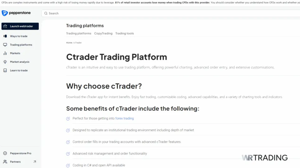 Pepperstone cTrader platform offering fast execution and advanced trading tools