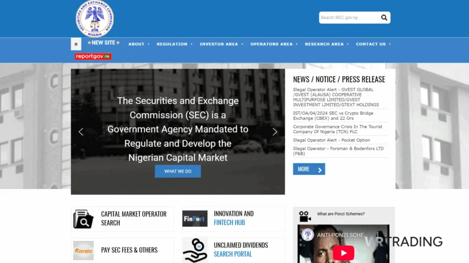 Securities and Exchange Commission (SEC) of Nigeria Home Page