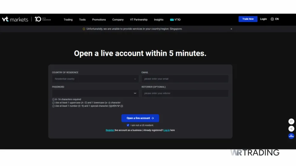 VT Markets Account Registration Page