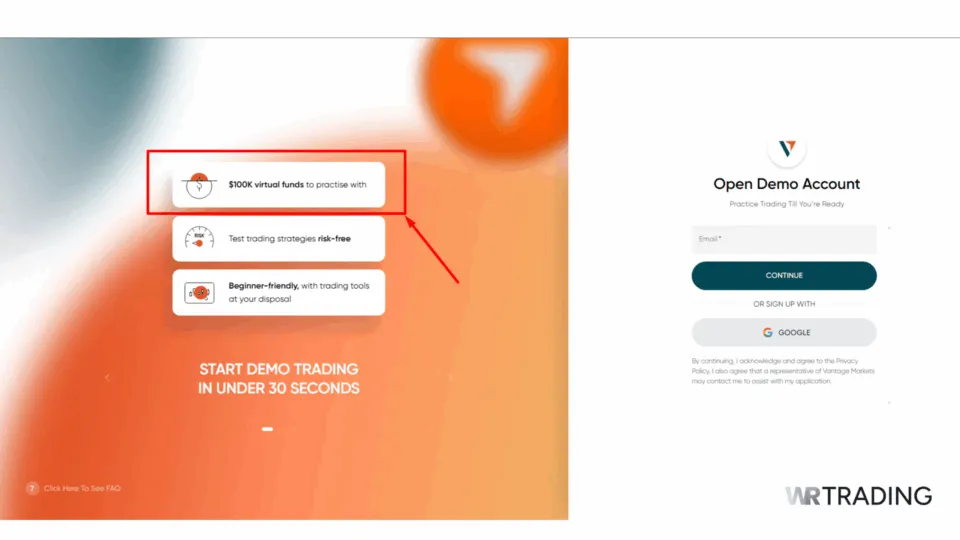 Vantage Markets Open Demo Trading Account Page
