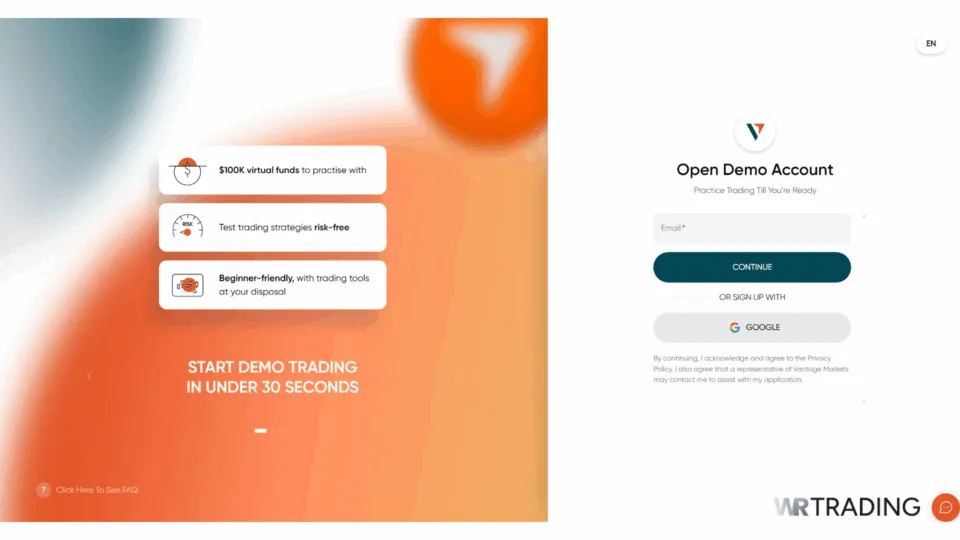 Vantage Markets Forex Trading Demo Account Opening Page