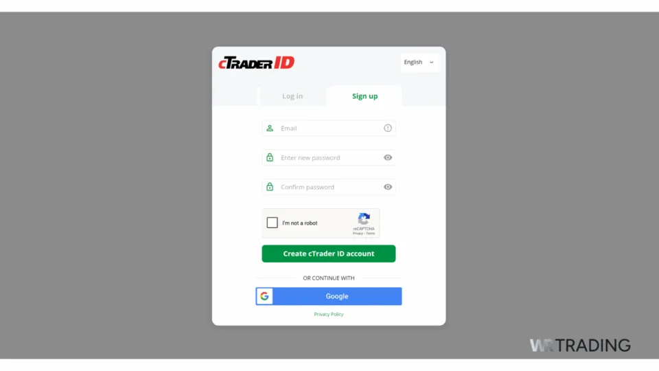 cTrader sign-up page for secure and fast access to advanced trading features