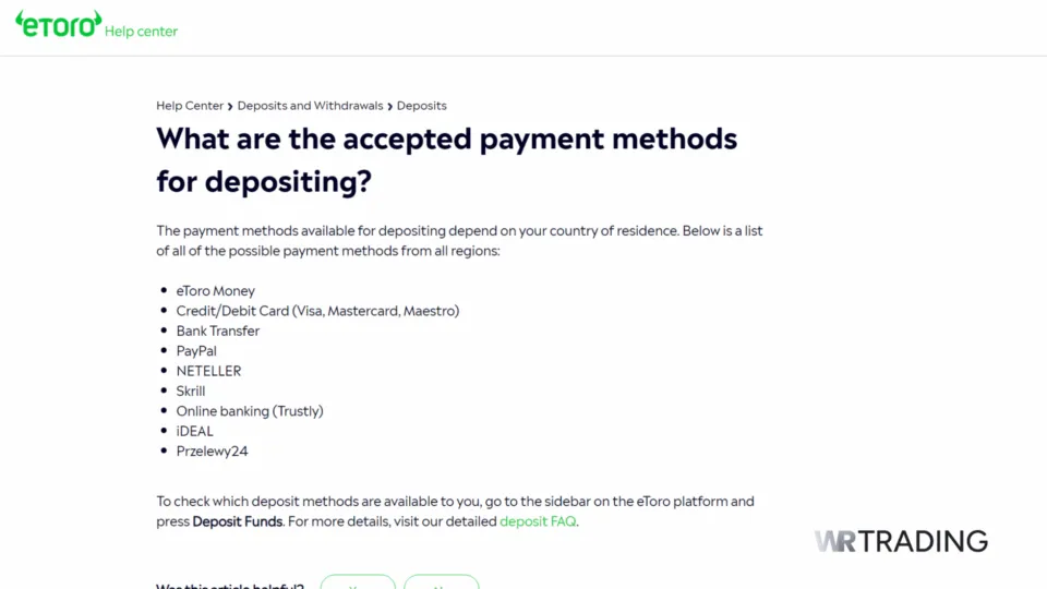 eToro Payment Methods