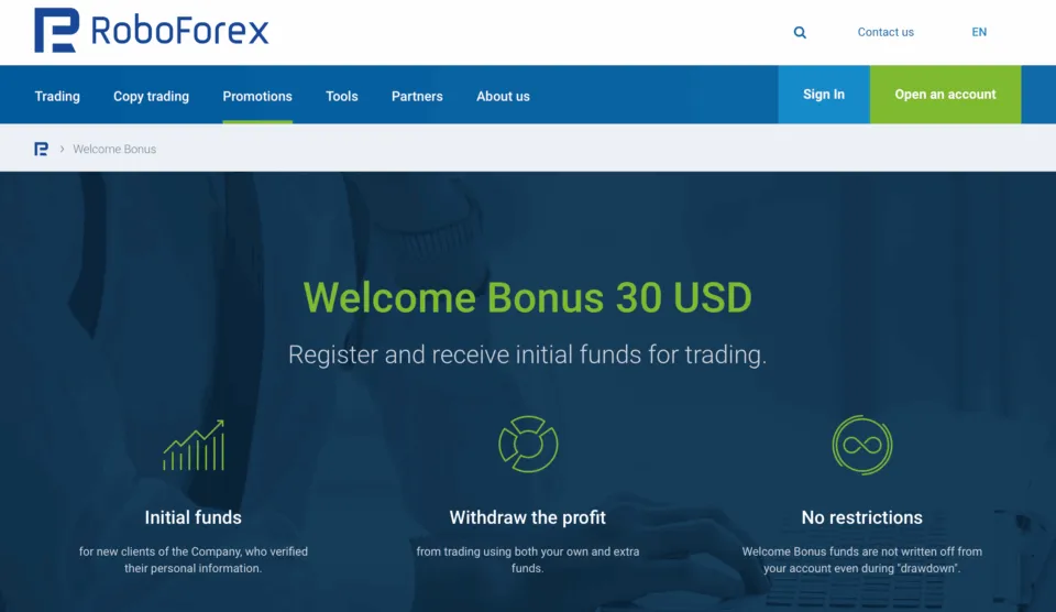 RoboForex offers an attractive welcome bonus