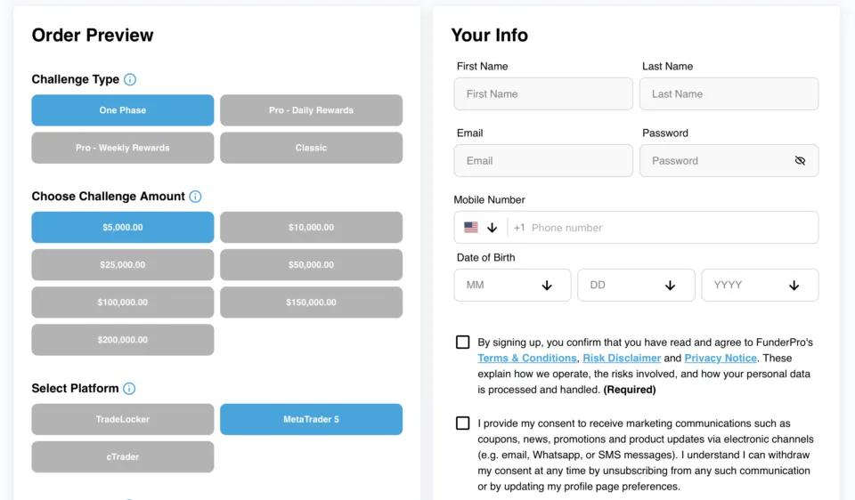 FunderPro Challenge Buying Process