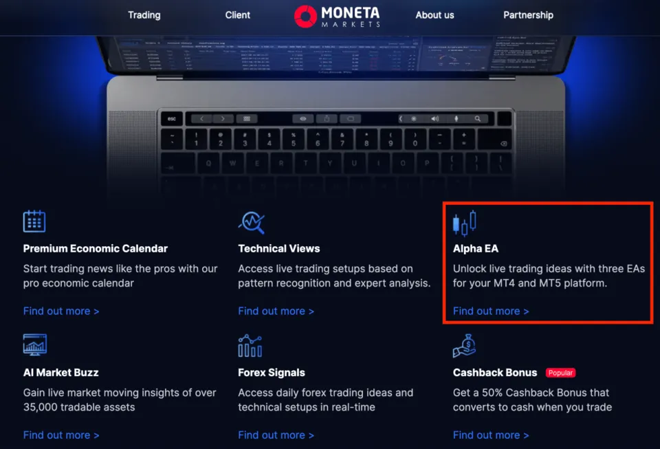 Moneta Markets trading tools featuring Alpha EA for MT4 and MT5, economic calendar, technical views and forex signals.