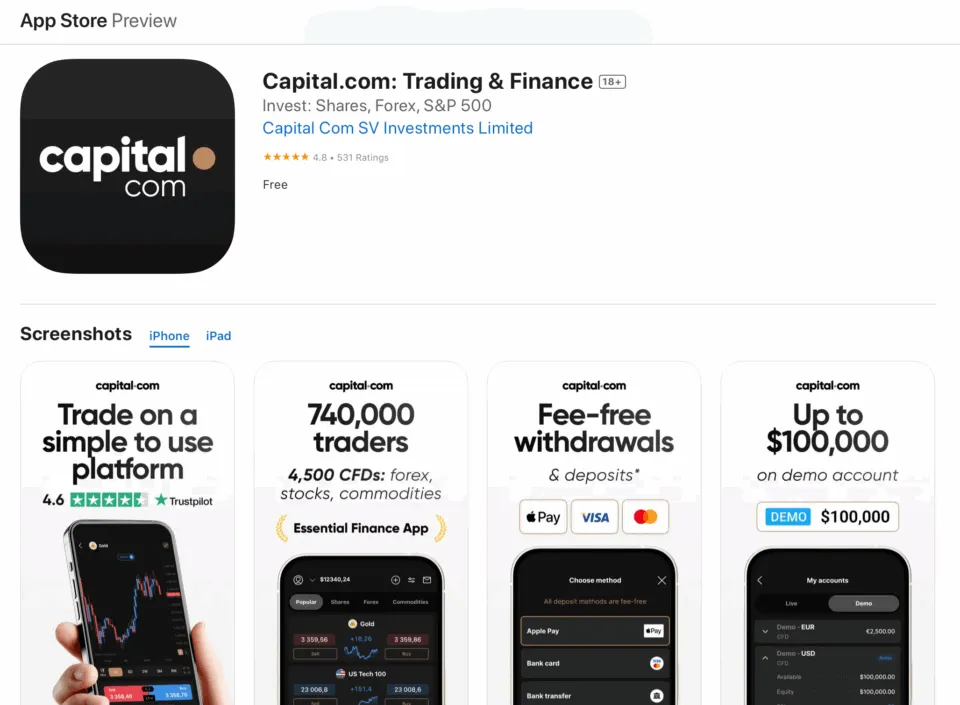 Capital.com iOS App for CFD Trading